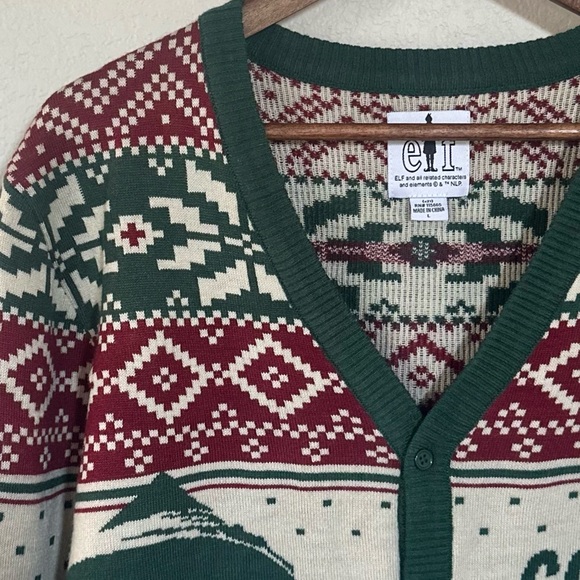 ELF MOVIE L M Unisex Cotton Headed Ninny Muggins Ugly Christmas Sweater Cardigan - Picture 2 of 13